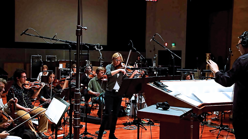 Concertmaster Katia Popov performs a violin solo during the recording session with the Hollywood Studio Symphony for Lior Rosner’s debut classical album, “Awake and Dream.” Photo courtesy of Lior Rosner 